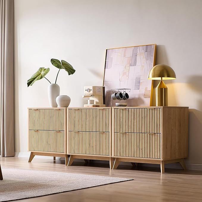 T4TREAM Modern Fluted Sideboard Buffet Cabinet with Drawers Storage, 30" Modular Accent Cabinet for Credenza, Entryway & Hallway, Natural Oak