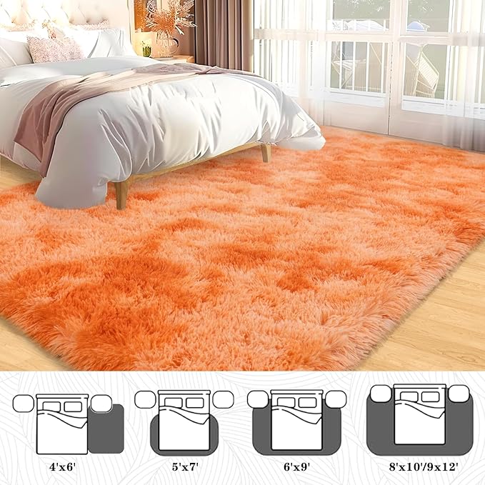 Shag Area Rug 6x9 for Living Room, Large Orange Fluffy Rug for Bedroom Girls Kids Teen Room, Soft Fuzzy Plush Carpet for Nursery Dorm, Non Slip Indoor Shaggy Throw Rug for Home Decor, Orange Tie Dye