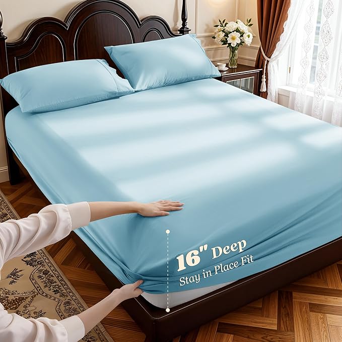 LBRO2M 1000 Thread Count 100% Egyptian Cotton Sheets Set California King Size, 4 Piece Sets Bed Sheet Deep Pocket Sheet Set 16" Soft Comfortable All Season (Clifornia King, Light Blue)