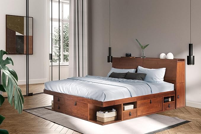memomad Bali Set: Storage Platform Bed with Drawers + Bookcase Headboard (King Size, Caramel Brown Wood)