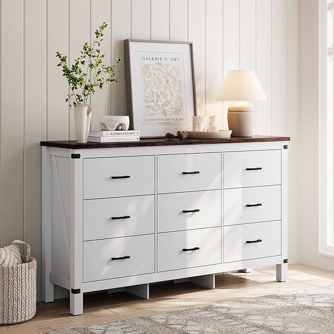 LINSY HOME Dresser for Bedroom with 9 Drawers, 59” Wide Chest with Deep Drawer, Modern Farmhouse Dresser TV Stand with Metal Handles, Wood Storage Cabinet for Closet, Living Room, Hallway, Off White