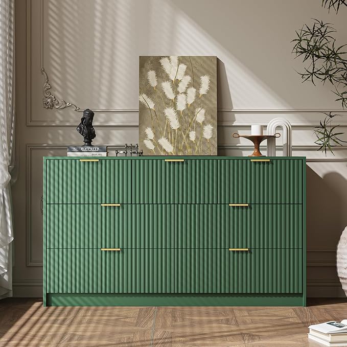 Green 7 Drawer Dresser for Bedroom, 55.9" Wide Modern Fluted Dresser with Gold Metal Handles, Wide Chest of Drawers for Bedroom, Living Room, Entryway, Hallway