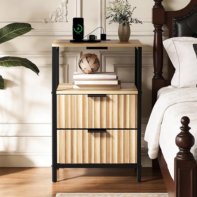 VINGLI Nightstands Set of 2 Fluted Nightstand with Charging Station, Oak Night Stand Set 2, Bed Side Tables with Drawers Fabric, End Tales Bedroom with Charger Station, 14.96" W*11.81" D*23.78" H