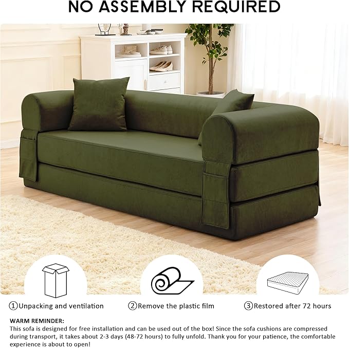 78.5" Convertible Sleeper Sofa Bed, Faux Leather Folding Floor Sofa with Pullout Bed&2 Pillows, No Assembly Modern Boneless Couch Compression Sofa in Box with Storage Pocket for Living Room, Green