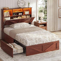 AOGLLATI Twin Bed Frame with 4 Storage Drawers and Charging Station, Farmhouse Wooden Led Twin Bed with Storage Hidden Space Headboard and Metal Slats,Mahogany