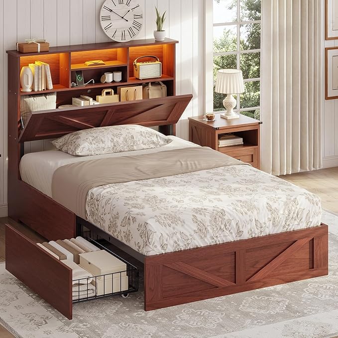 AOGLLATI Twin Bed Frame with 4 Storage Drawers and Charging Station, Farmhouse Wooden Led Twin Bed with Storage Hidden Space Headboard and Metal Slats,Mahogany