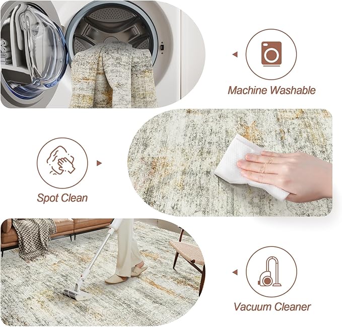 Washable Area Rug 8x10, Large Soft Abstract Rugs for Living Room Vintage 8x10 Area Rugs for Bedroom Dining Room Non-Slip Stain Resistant Under Table Gray Rust Rug