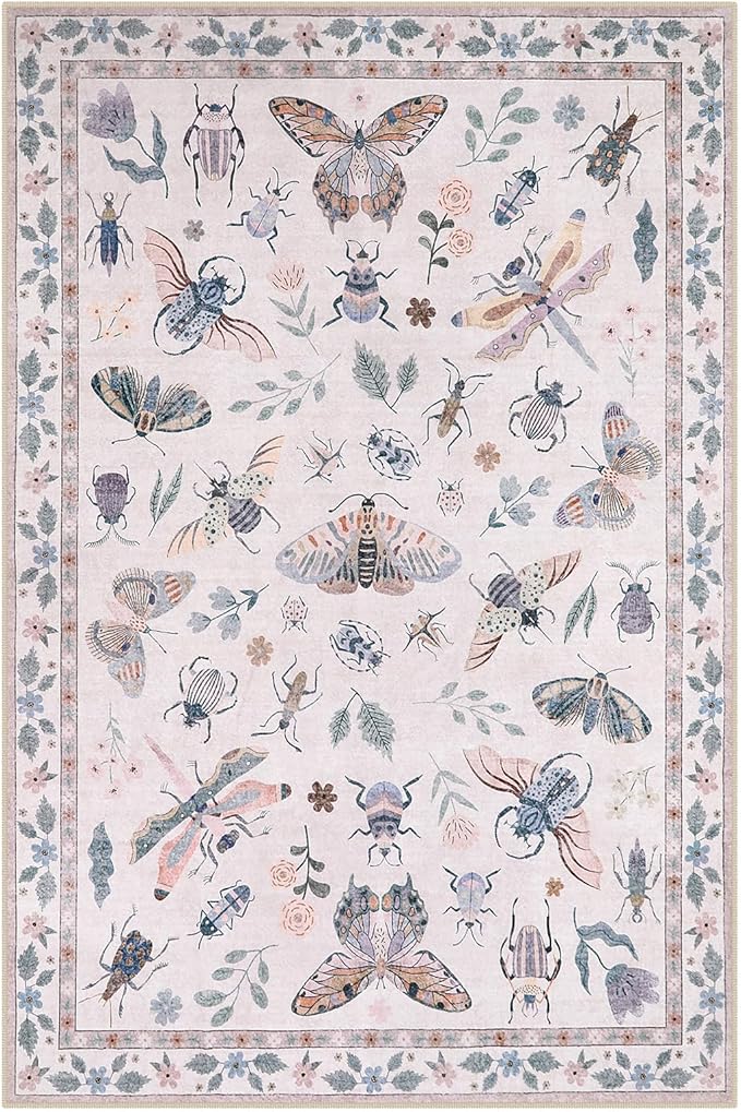 Lahome Insect Print Washable Rugs for Living Room, Soft 6x9 Pink Rug for Bedroom Ultra-Thin Non Slip, Stain Resistant Modern Easy Clean Large Carpet for Dining Room Nursery Classroom(6'x9',Pink)