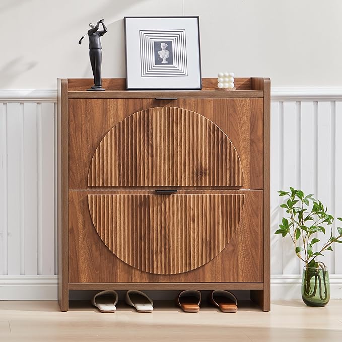 Narrow Shoe Cabinet with 2 Flip Drawers for Entryway,Wood Slim Shoe Rack Cabinet, Freestanding Hidden Shoe Storage Organizer, Space-Saving, Round Fluted Pattern for Hallway,Living Room (Walnut)