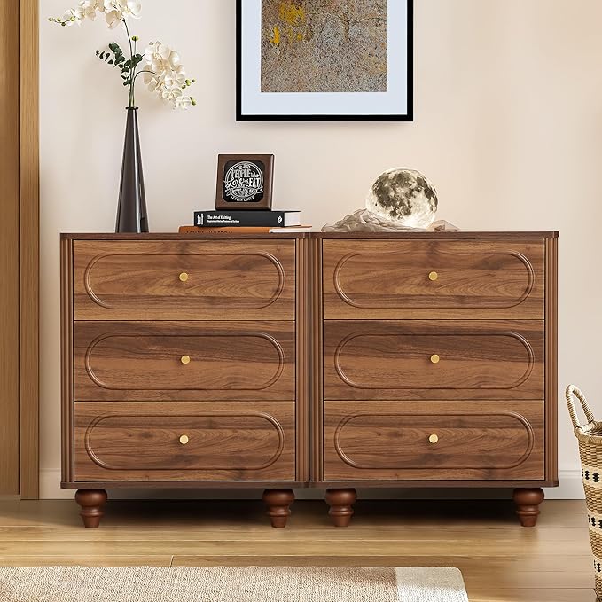 3 Drawer Fluted Dresser for Bedroom, Mid Century Modern Chest of Drawers, Wood Storage Small Dresser Organizer for Bedroom Living Room Hallway Closet, Walnut