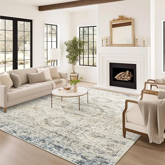 5x7 Area Rugs Blue Ivory Low Pile Indoor Washable Trendy Faded Style Rugs for Bedroom Living Room Dining Room Foldable Non-Slip Thin Print Mat