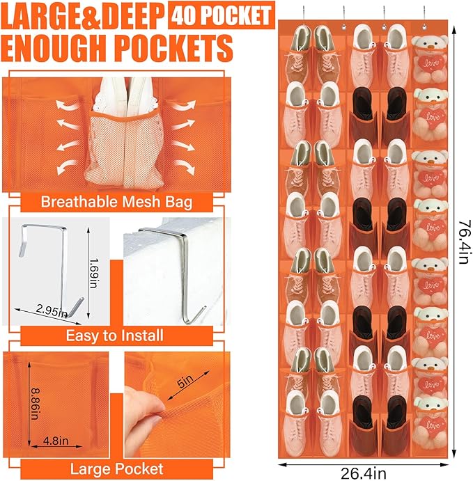 Windyun 40 Over the Door Shoe Organizer Large Mesh Pocket Hanging Shoe Rack for Closet Orange Nonslip Behind Door Storage Holder Back to School Organizer for Dorm Room College Classroom Storage