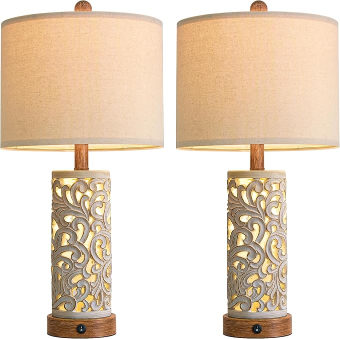 OYEARS 22'' Table Lamp Set of 2 for Living Room,Farmhouse Lamp for for Bedroom,Vintage Retro Bedside Lamps with USB Ports Linen Shade for Home Office (Brown, Bulb Included)