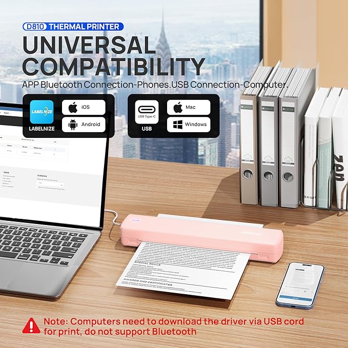 POLONO Portable Printer Wireless for Travel, D810 Bluetooth Thermal Printer Support for 8.5"x11" US Letter, Inkless Compatible with iOS, Android, Laptop for Office, Car and Home, Pink