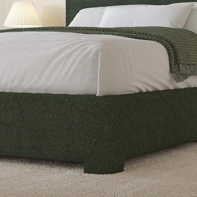 BarnFurin Full Size Bed Frame with Headboard, Boucle Upholstered Platform Bed Frame, Modern Style, Soft Rounded Corners, No Box Spring Required, Easy Assembly, Green