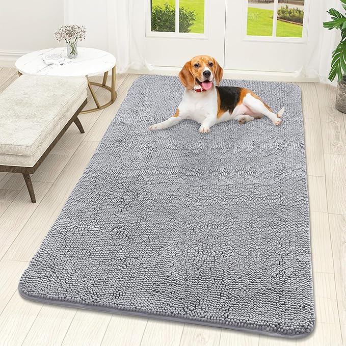 OLANLY Dog Door Mat for Muddy Paws 59x32, Absorbs Moisture and Dirt, Absorbent Non-Slip Washable Doormat, Quick Dry Chenille Mud Mat for Dogs, Entry Indoor Entryway Carpet for Inside Floor, Light Grey