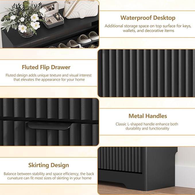 Shoe Cabinet Storage for Entryway with 4 Flip Drawers, Black Fluted Shoe Cabinet with Adjustable Shelves, Wooden Hidden Shoe Rack Freestanding Narrow Slim Shoes Storage for Hallway, Entrance