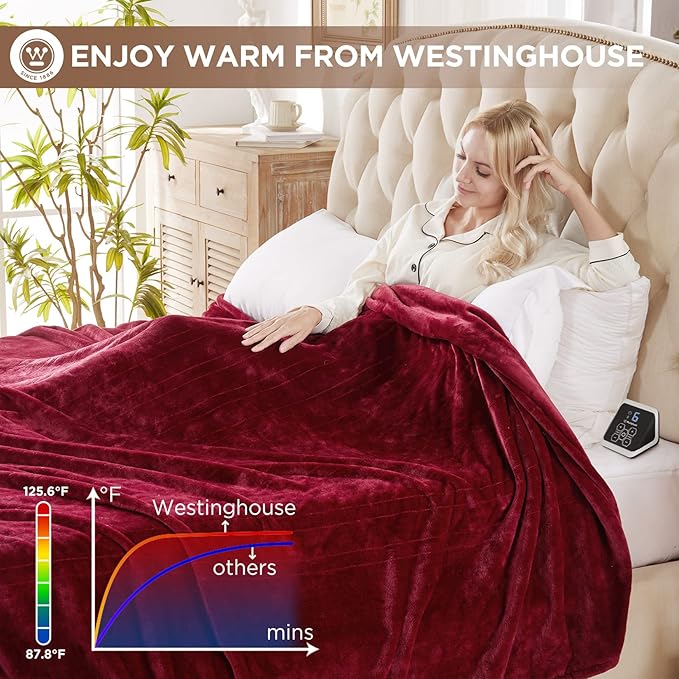 Westinghouse Heated Blanket Full Size - Electric With 10 Heating Levels, 1-12 Hours Auto Shut Off, Fast Warming, Machine Washable (Full, 72x84 Inches, Wine Red)