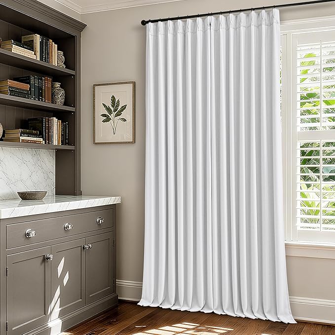 White Blackout Pinch Pleated Linen Curtains 105 Inches Long for Living Room 2 Panels Thermal Insulted Dual Layer Drapes Ceiling Floor Back Tab 105 Inch Window Curtains Bedroom Sliding Glass Door