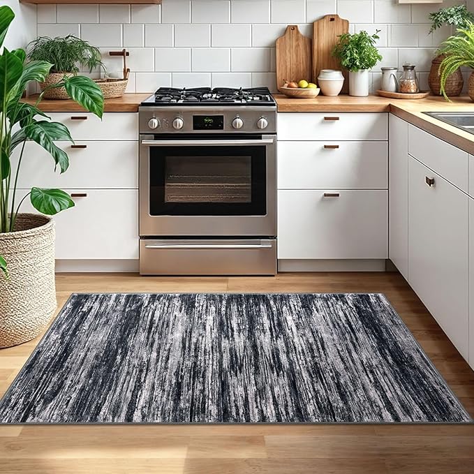 3x5 Modern Abstract Area Rug for Entryway, Black Super Soft Washable Rug with Non-Slip, Low-Pile Door Mat Indoor for Living Room Bedroom, Carpet with Non-Shedding