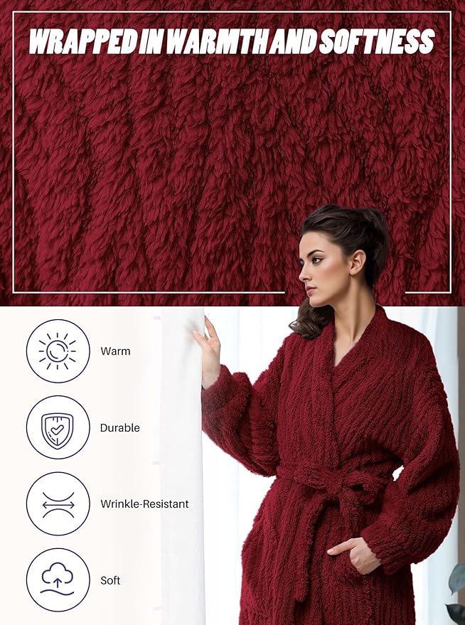 Artfasion Womens Long Fleece Robe - Warm Soft Floor Length Flannel Bathrobes for Winter Thicker Long House Coat with Pockets