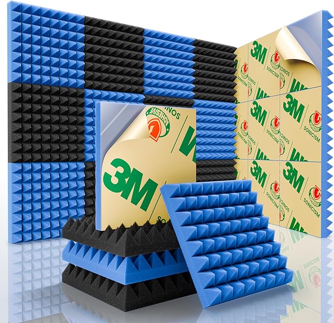 Sonicism Sound Proof Foam Panels for Walls Self-Adhesive 36 Pack Pyramid 12" X 12" X 2" Acoustic Panels 35kg/m³High Density,Soundproof Wall Panels Fast Expand,Sound Absorption&Decoration,Black/Blue