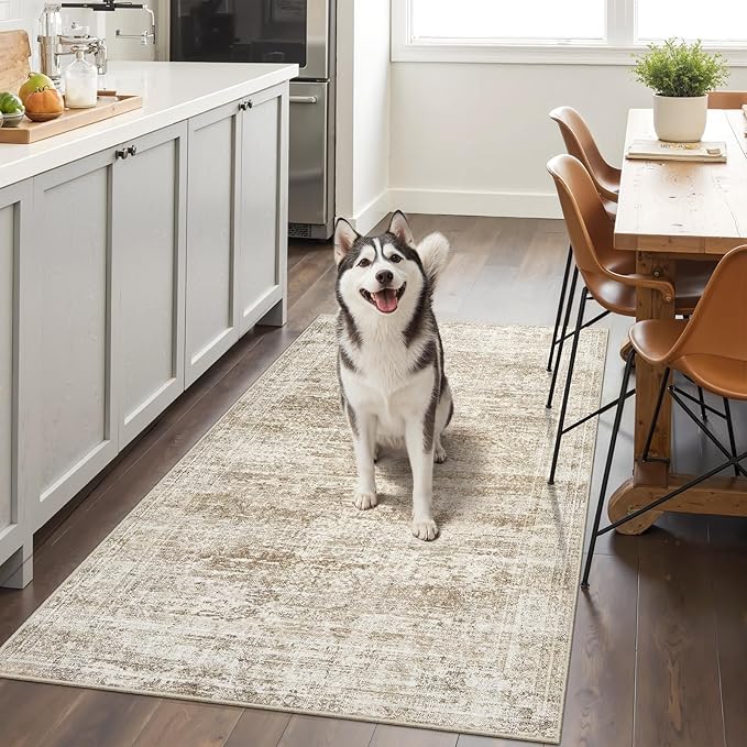 3x5 Rug, Small Area for Kitchen, Entryway, Machine Washable Non-Slip Throw Rug, Vintage Carpet for Nursery Coffee Table Brown