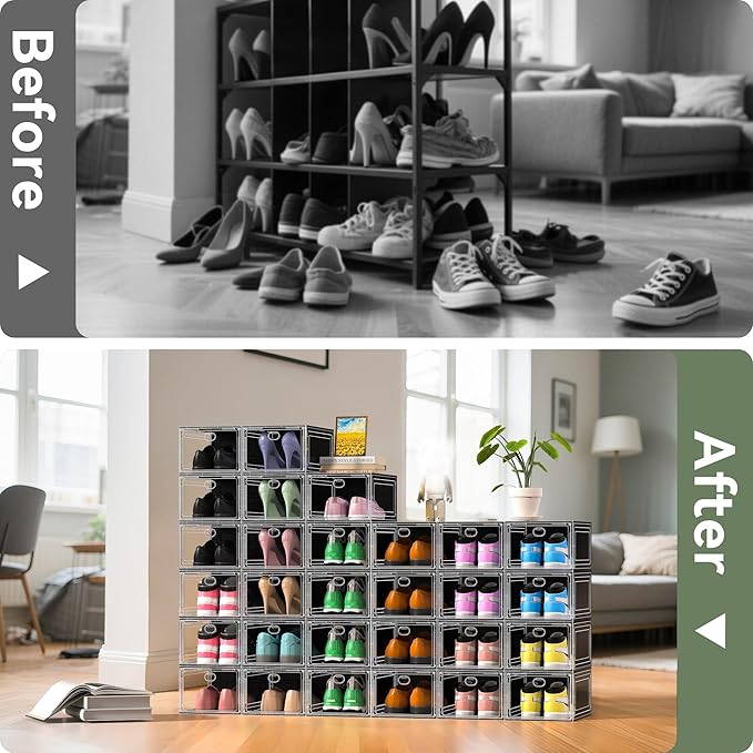 Thicken Hard Clear Shoe Storage Organizer for Closet, 10 Pack Modular Plastic Stackable Shoe Storage Box Organizer, Shoe Sneaker Rack Display Case Containers Bins with Lids, Black Clear