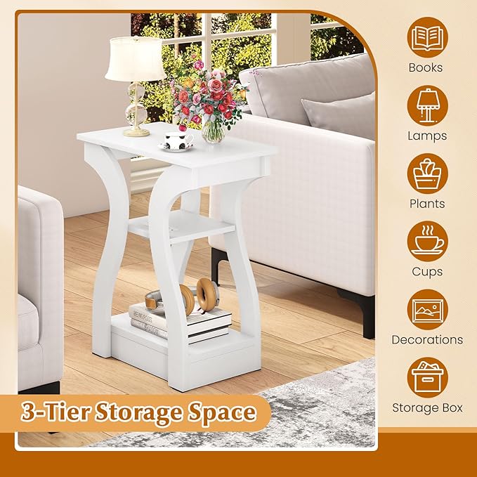 Giantex Narrow End Tables with Charging Station Set of 2, Wood Sofa Side Tables with Open Storage Shelves, Bedside Tables with USB Ports & Outlets, Modern Nightstands for Living Room, Bedroom, White