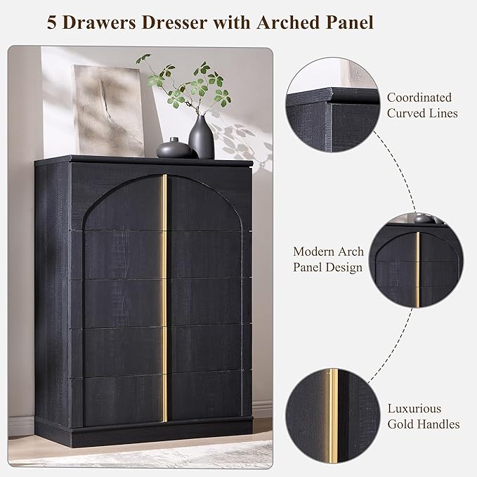 ACCOHOHO Modern 5 Drawer Dresser for Bedroom with Arched Panel,44" Tall Dresser for Closet with Metal Handles,Push-to-Open Wood Storage Closet Dressers Tv Stand for Living Room, Hallway,Black