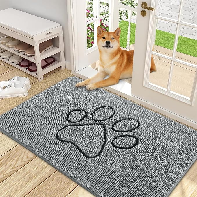 OLANLY Dog Door Mat for Muddy Paws 48x30, Paw Print Design, Absorbs Moisture and Dirt, Absorbent Non-Slip Washable Doormat, Quick Dry Chenille Mud Mat for Dogs, Entry Indoor Entryway Carpet, Grey