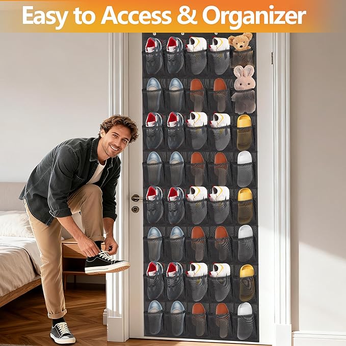 Over The Door Shoe Organizer, 40 Large Mesh Pockets Hanging Shoe Rack Organizer for Closet Behind The Door Storage Holder for Entryway Bedroom Dorm Black