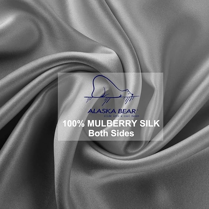 ALASKA BEAR Silk Pillowcase Men Women Beauty Anti Face Wrinkle Pillow Slip Case Real Mulberry Silk Queen Size with Zipper Closure (1pc, Iron Grey)