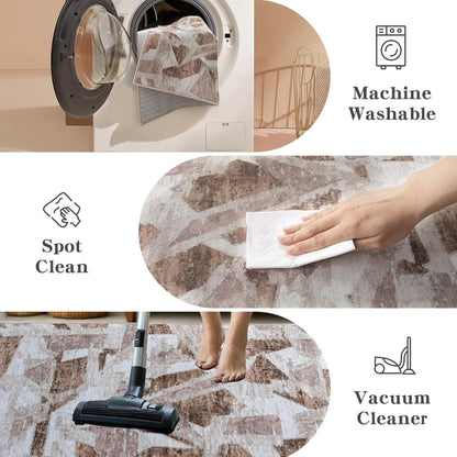 Modern Abstract 8X10 Area Rug for Living Room Bedroom Washable, Non-Slip Rubber Backing Print Faux Wool Thin, Brown Throw Large Carpet for Kids Playroom Dining Room Pet & Child Friendly