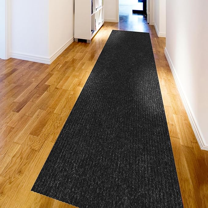 Ottomanson 2' x 48' Hallway Runner with Scraper Pile Extra Durable Non-Slip Rug Mat for Indoor & Outdoor Use - Ideal for Kitchen, Entryway, Patio & Garage - High-Traffic Carpet, Black