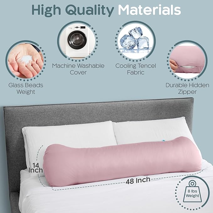 Weighted Body Pillow 8lbs - Weighted Pillow for Deeper Sleep (48" x 14") - Cooling Body Pillows for Adults, Side Sleeper Body Pillows with Cover (X-Large/Blossom)