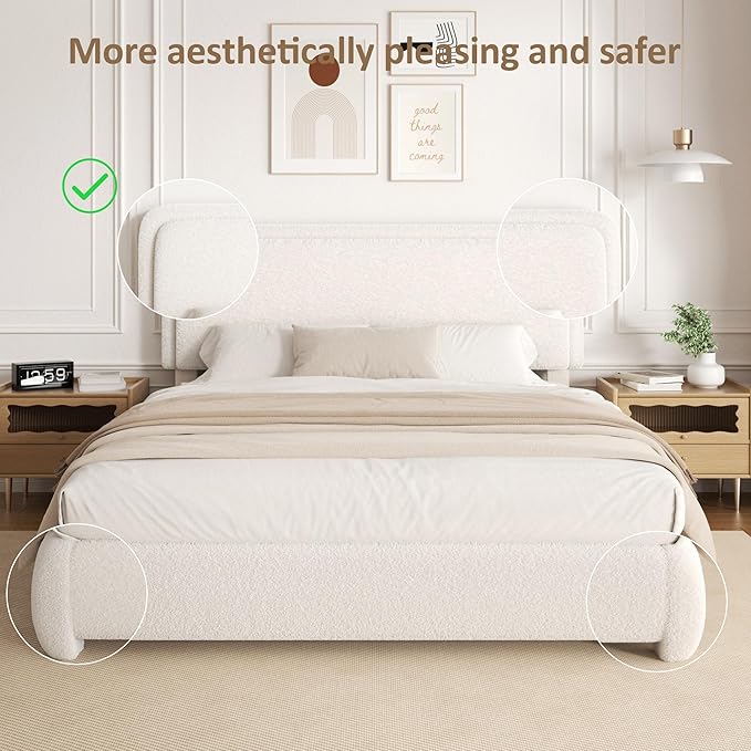 King Size Boucle Bed Frame, Upholstered Cloud Platform Bed Frame with Headboard, Anti-Collision Soft Rounded Corners, No Box Spring Required, Easy Assembly, Noise Free, Adjustable Headboard