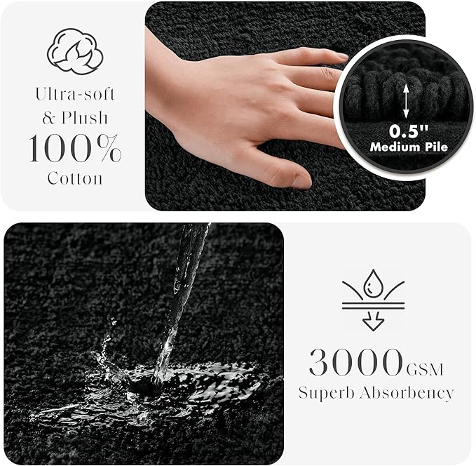 Madison Park Splendor Reversible 100% Cotton Tufted Bathroom Rug-3000 GSM Hotel Quality Luxurious Plush Medium Pile Bath Mat Absorbent, Quick Dry, Shower Room Décor, 17x24 Black