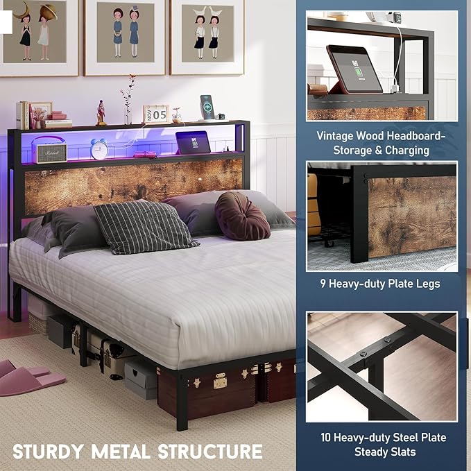 Full Size Bed Frame with 2-Tier Storage Headboard with Charging Station and 12 Color LED Lights,2 Tier Solid Wood Headboard Storage,Noise Free, No Box Spring Needed,Remote Control/Vintage Brown