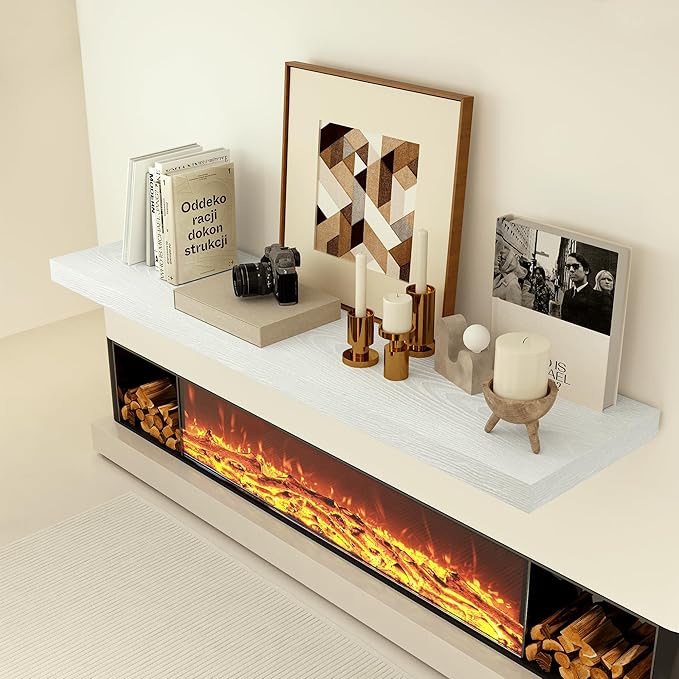 Heimlove 12 Inch Deep Floating Shelves, 55 x 12 inches Long Wall Shelf, Large Extra Display Shelf & Storage Shelf, Rustic Wood Wall Shelves for Fireplace Mantel, Set of 1(White)