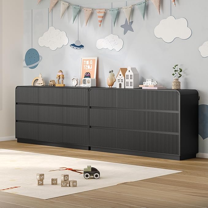 Dresser for Bedroom with 9 Drawers, Fluted Chest of Drawers with Round Curved Corner, Hidden Handles, Modern Wood Storage Organizer for Bedroom, Nursery, Living Room