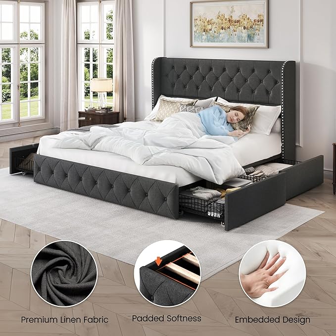LARMACE King Size Platform Bed Frame with 4 Storage Drawers and Tufted Headboard Linen Upholstered Bed Wingback Bed Frame with Wooden Slats Support, Easy Assembly, Dark Grey
