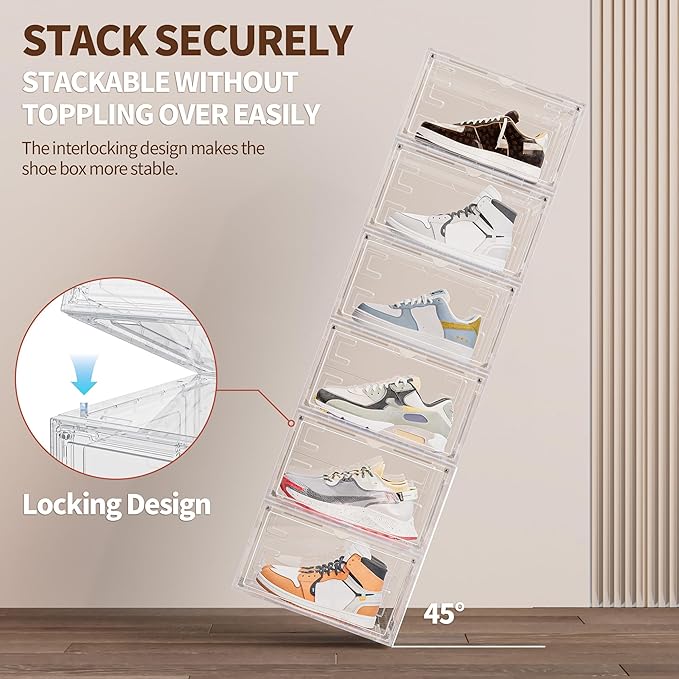 6 Pack XX Large Shoe Organizer, Heavy-Duty Hard Thicken Plastic Clear Stackable Shoe Storage Box Organizer for Closet, Space-Saving Shoe Rack Display Case Bin Containers for Sneakers, Clear
