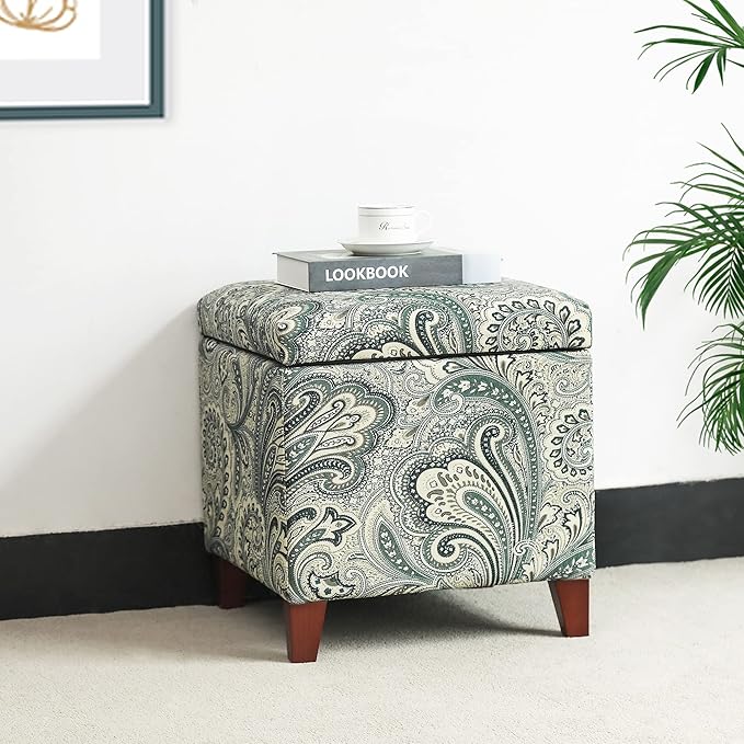 Adeco 18 Inch High Cube Ottoman Storage, Paisley Linen Chair Foot Stools, Upholstered Vanity Stool with Hinged Lid, Solid Wood Legs