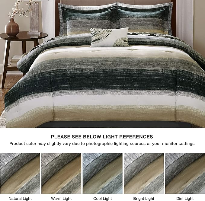 Madison Park Essentials Queen Comforter Set, Bed in a Bag Queen, Watercolor Print Coastal Comforter & Chambray Cotton Sheet Set, All Season Bedding Set, Saben, Taupe Queen (90 in x 90 in) 9 Piece