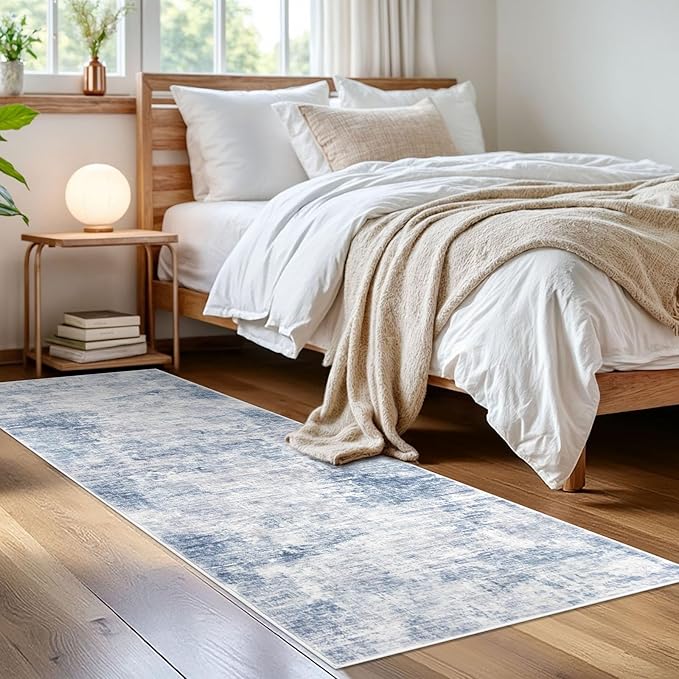 IOHOUZE Abstract Runner Rug 2x6 Ft Washable Runners for Hallways, Non Slip Kitchen Runner Printed Faux Wool Entryway Runner Indoor, Modern Abstract Floor Carpet for Hall Bedroom, Light Blue White