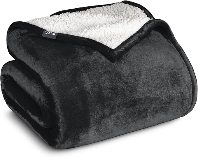 Bare Home Sherpa Fleece Blanket - Throw/Travel Size - Blanket for Bed, Sofa, and Couch - Warm & Lightweight - Fluffy & Soft - Reversible (Throw/Travel, Black)