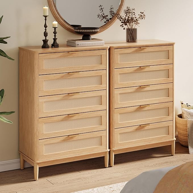 LINSY HOME Rattan Dresser for Bedroom with 5 Drawers, 46" Tall Chest of Drawers, Mid Century Modern Dresser TV Stand with Metal Handle, Wood Closet Storage Cabinet for Living Room, Hallway, Oak