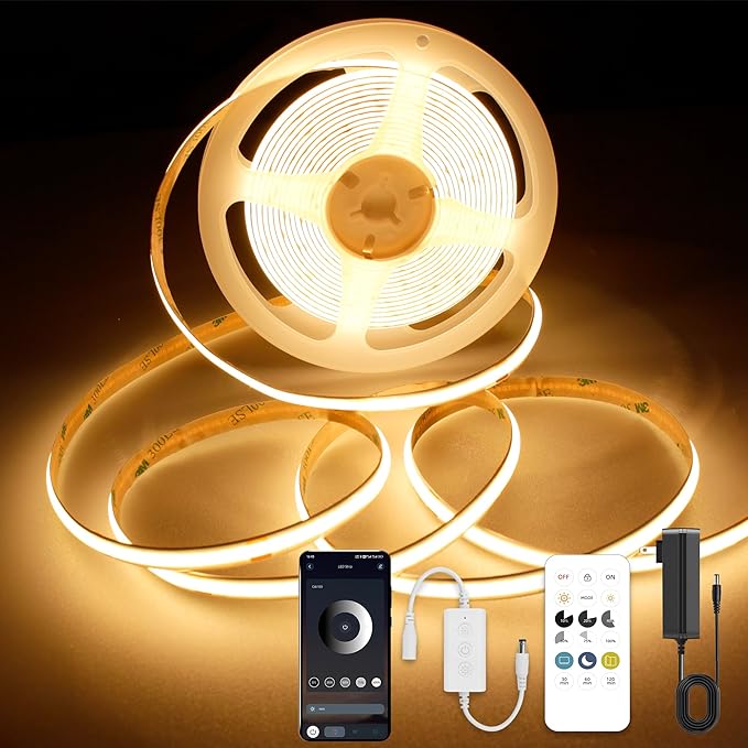 9.84ft Smart COB LED Strip Lights, 24V Warm White 2700K Dimmable LED Light Strips, High Bright LED tape light with Power Supply and app Control LED lights for TV,mirror, Kitchen Cabinet, Shelf