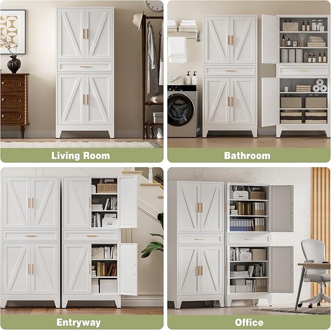 COFaR 71" Tall Kitchen Pantry, Farmhouse Storage Cabinet with Doors and Shelves, Metal Cabinet with Drawers and Legs, for Cupboard/Dining Room/Bathroom/Living Room/Office/Laundry Room (White).